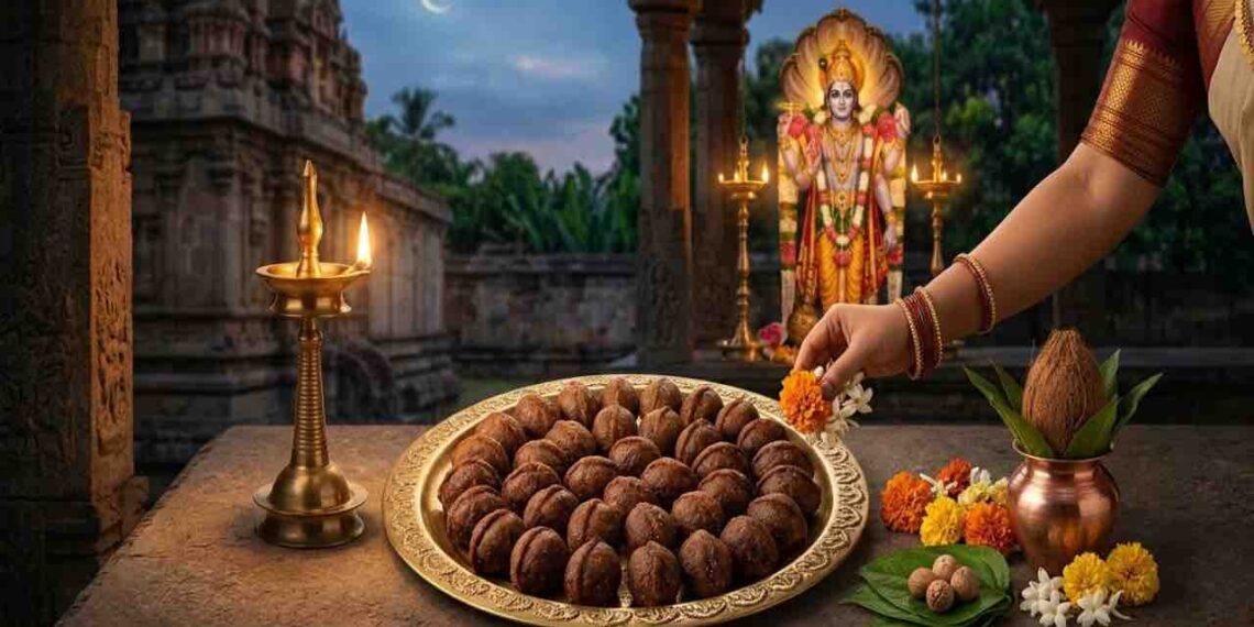 A brass platter filled with Indian sweet Kajjaya on a temple stone table, with a hand offering flowers, a Kalasha, a standing oil lamp, and an idol of Lord Vishnu in the background under a twilight sky.