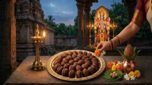 A brass platter filled with Indian sweet Kajjaya on a temple stone table, with a hand offering flowers, a Kalasha, a standing oil lamp, and an idol of Lord Vishnu in the background under a twilight sky.