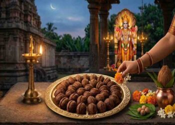 A brass platter filled with Indian sweet Kajjaya on a temple stone table, with a hand offering flowers, a Kalasha, a standing oil lamp, and an idol of Lord Vishnu in the background under a twilight sky.