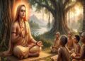 AI-generated artistic illustration of Adi Shankaracharya sitting in a meditative pose under a Banyan tree, teaching his young disciples in a serene ancient Indian landscape.
