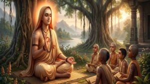 AI-generated artistic illustration of Adi Shankaracharya sitting in a meditative pose under a Banyan tree, teaching his young disciples in a serene ancient Indian landscape.