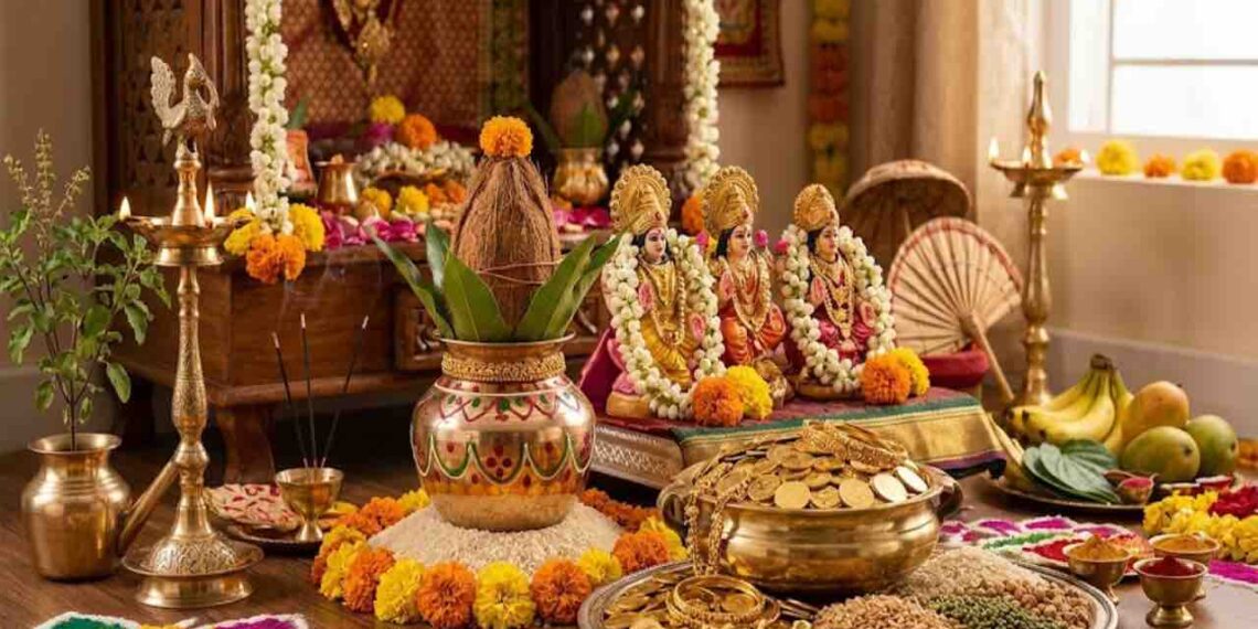 A traditional Akshaya Tritiya puja setup featuring a sacred Kalash, gold coins, grains, idols of Goddess Lakshmi and Lord Vishnu, decorated with flowers and traditional lamps.