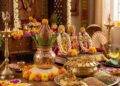 A traditional Akshaya Tritiya puja setup featuring a sacred Kalash, gold coins, grains, idols of Goddess Lakshmi and Lord Vishnu, decorated with flowers and traditional lamps.