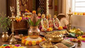 A traditional Akshaya Tritiya puja setup featuring a sacred Kalash, gold coins, grains, idols of Goddess Lakshmi and Lord Vishnu, decorated with flowers and traditional lamps.