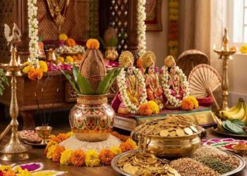 A traditional Akshaya Tritiya puja setup featuring a sacred Kalash, gold coins, grains, idols of Goddess Lakshmi and Lord Vishnu, decorated with flowers and traditional lamps.
