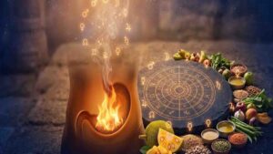 An artistic representation of digestive fire (Jatharagni) inside a human body silhouette, alongside a Vedic astrology chart and a variety of healthy foods like jackfruit, grains, and vegetables.