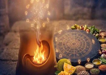 An artistic representation of digestive fire (Jatharagni) inside a human body silhouette, alongside a Vedic astrology chart and a variety of healthy foods like jackfruit, grains, and vegetables.