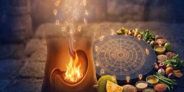 An artistic representation of digestive fire (Jatharagni) inside a human body silhouette, alongside a Vedic astrology chart and a variety of healthy foods like jackfruit, grains, and vegetables.