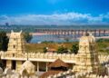 Wide-angle view of the historic Bhadrachalam Sri Sita Ramachandra Swamy Temple on the banks of Godavari River, Telangana.