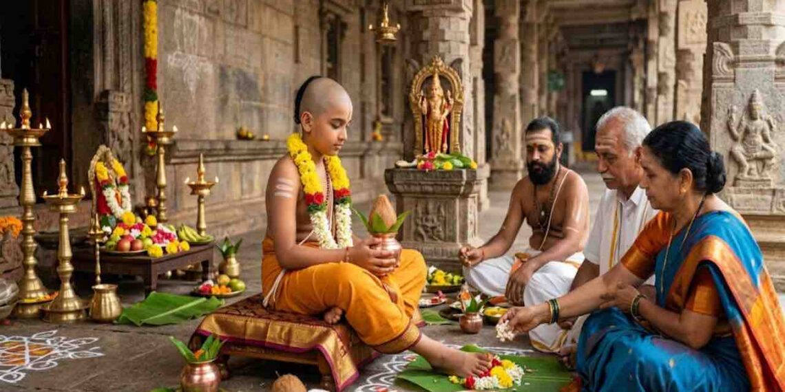 A traditional Hindu ceremony in a stone temple where a devotee woman worships the feet of a young Brahmachari boy seated on a pedestal, surrounded by offerings and a seated priest and elder.