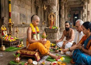 A traditional Hindu ceremony in a stone temple where a devotee woman worships the feet of a young Brahmachari boy seated on a pedestal, surrounded by offerings and a seated priest and elder.
