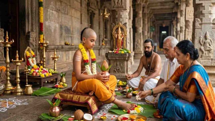 A traditional Hindu ceremony in a stone temple where a devotee woman worships the feet of a young Brahmachari boy seated on a pedestal, surrounded by offerings and a seated priest and elder.