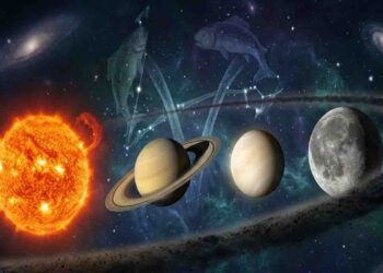 A cosmic illustration showing the symbolic alignment of the Sun, Saturn, Venus, and the Moon within the constellation of Pisces against a deep space nebula background.