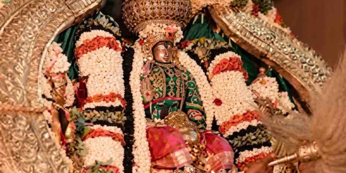 HD image of Lord Cheluvanarayana Swamy adorned with the Vairamudi diamond crown, riding the Garuda vahana during a night procession at Melukote temple.