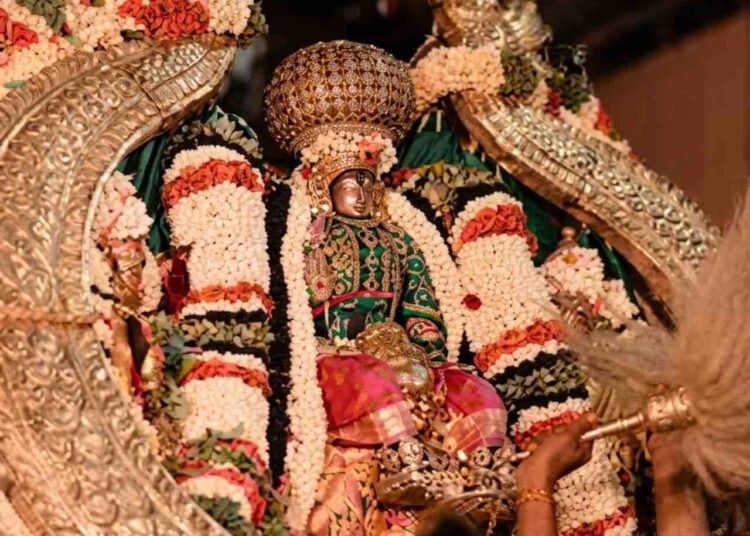 HD image of Lord Cheluvanarayana Swamy adorned with the Vairamudi diamond crown, riding the Garuda vahana during a night procession at Melukote temple.