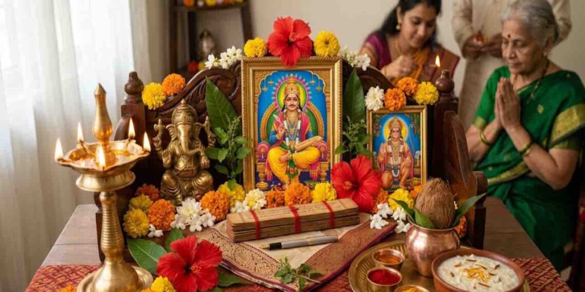 A detailed traditional Indian Hindu home altar prepared for Chitra Purnima, featuring a framed image of Lord Chitragupta, an idol of Lord Ganesha, and a framed picture of Lord Hanuman, all adorned with marigold and hibiscus flowers. The scene includes burning oil lamps, traditional ritual items on brass plates, and a bowl of sweet pudding, with blurred figures of people praying in the background.