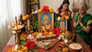 A detailed traditional Indian Hindu home altar prepared for Chitra Purnima, featuring a framed image of Lord Chitragupta, an idol of Lord Ganesha, and a framed picture of Lord Hanuman, all adorned with marigold and hibiscus flowers. The scene includes burning oil lamps, traditional ritual items on brass plates, and a bowl of sweet pudding, with blurred figures of people praying in the background.