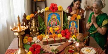 A detailed traditional Indian Hindu home altar prepared for Chitra Purnima, featuring a framed image of Lord Chitragupta, an idol of Lord Ganesha, and a framed picture of Lord Hanuman, all adorned with marigold and hibiscus flowers. The scene includes burning oil lamps, traditional ritual items on brass plates, and a bowl of sweet pudding, with blurred figures of people praying in the background.
