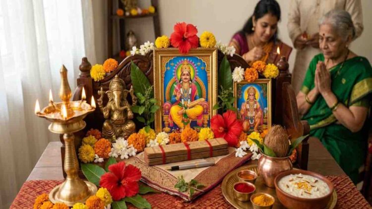 A detailed traditional Indian Hindu home altar prepared for Chitra Purnima, featuring a framed image of Lord Chitragupta, an idol of Lord Ganesha, and a framed picture of Lord Hanuman, all adorned with marigold and hibiscus flowers. The scene includes burning oil lamps, traditional ritual items on brass plates, and a bowl of sweet pudding, with blurred figures of people praying in the background.