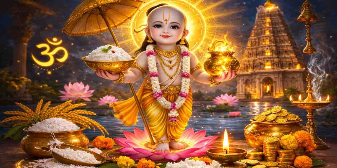 Divine illustration of Lord Dadhi Vamana holding a golden bowl of curd rice in his right hand and a pot of nectar in his left, standing on a lotus with symbols of prosperity around him.