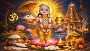 Divine illustration of Lord Dadhi Vamana holding a golden bowl of curd rice in his right hand and a pot of nectar in his left, standing on a lotus with symbols of prosperity around him.