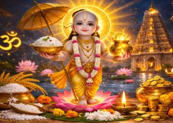 Divine illustration of Lord Dadhi Vamana holding a golden bowl of curd rice in his right hand and a pot of nectar in his left, standing on a lotus with symbols of prosperity around him.