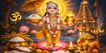 Divine illustration of Lord Dadhi Vamana holding a golden bowl of curd rice in his right hand and a pot of nectar in his left, standing on a lotus with symbols of prosperity around him.