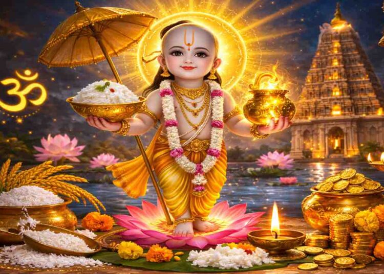 Divine illustration of Lord Dadhi Vamana holding a golden bowl of curd rice in his right hand and a pot of nectar in his left, standing on a lotus with symbols of prosperity around him.