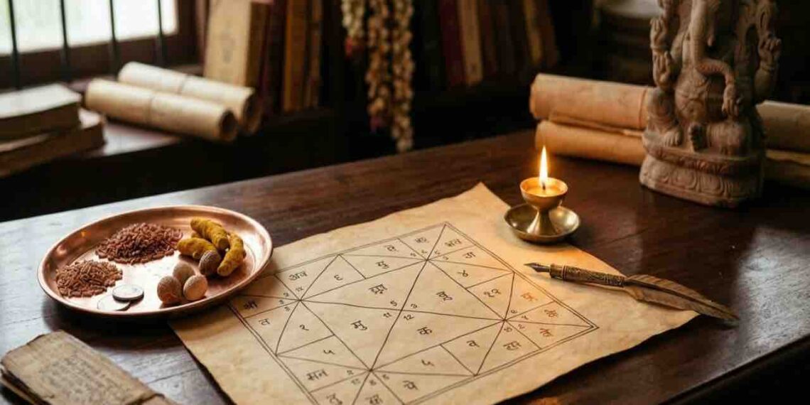 A close-up shot of a traditional hand-drawn Vedic birth chart (Janma Kundali) on parchment paper, resting on a wooden desk alongside astrology tools.