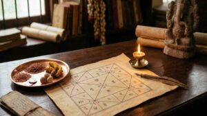 A close-up shot of a traditional hand-drawn Vedic birth chart (Janma Kundali) on parchment paper, resting on a wooden desk alongside astrology tools.