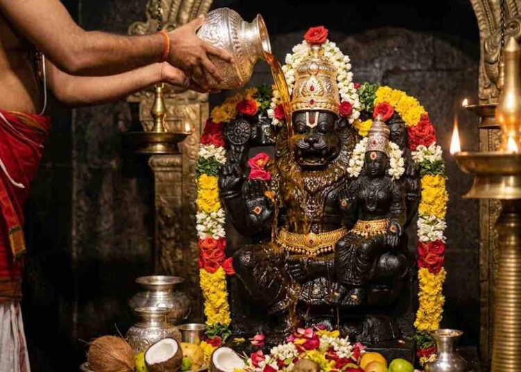 Divine AI-generated image of Lord Narasimha Swami idol being bathed with honey (Abhisheka) by a priest in a traditional temple setting with oil lamps and flowers.