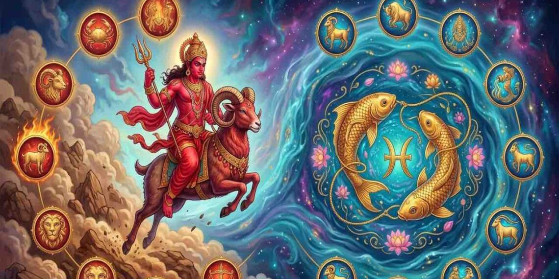 A vibrant celestial illustration depicting the planet Mars (Mangala) as a multi-armed deity riding a ram, transiting from a fire element Aries towards the water element Pisces (represented by two golden fish). All twelve zodiac signs are shown in circular motifs around the main transit scene.