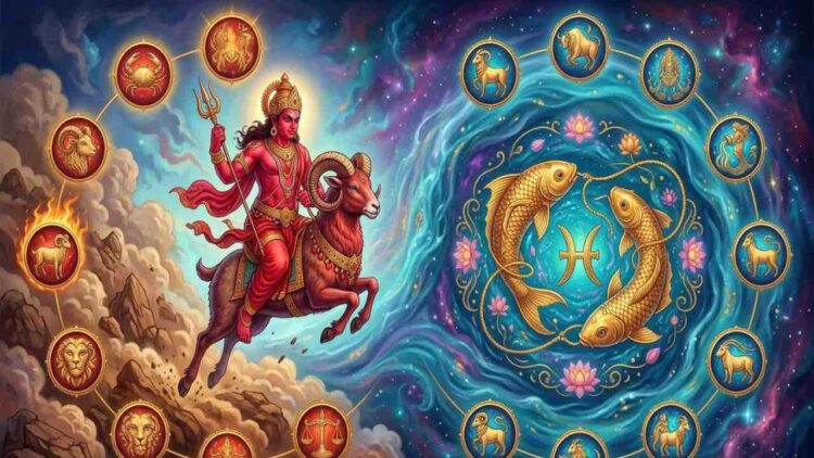 A vibrant celestial illustration depicting the planet Mars (Mangala) as a multi-armed deity riding a ram, transiting from a fire element Aries towards the water element Pisces (represented by two golden fish). All twelve zodiac signs are shown in circular motifs around the main transit scene.