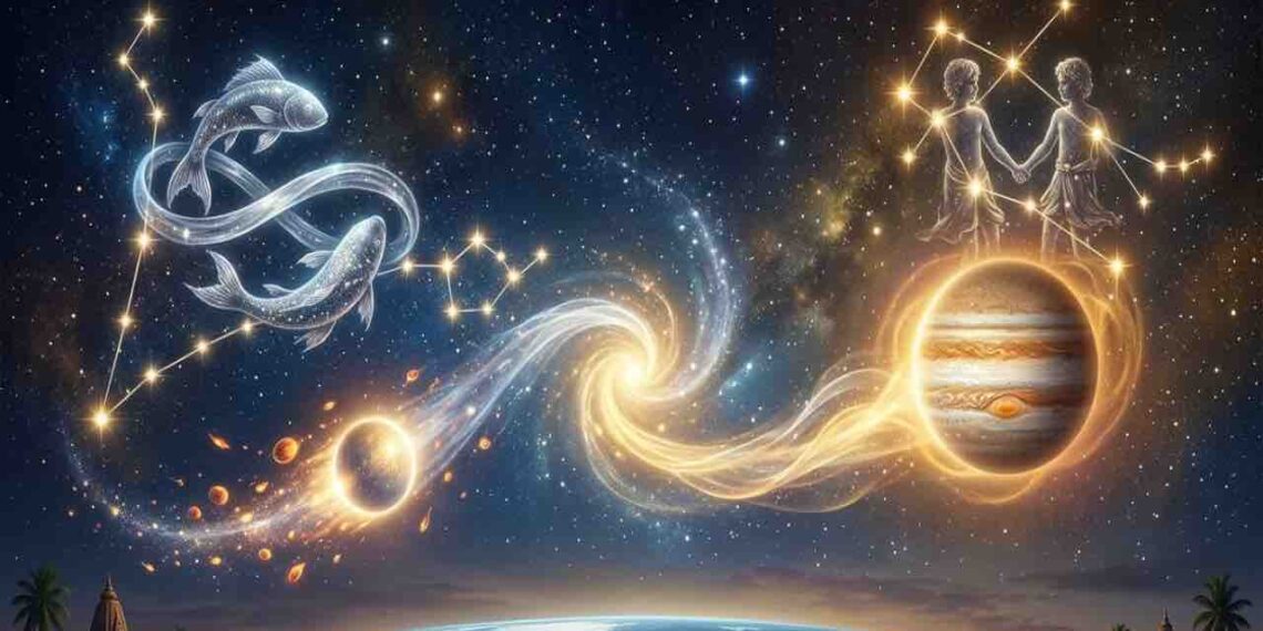 A celestial visualization of the unique 'Parivartana Yoga' between the planets Mercury and Jupiter, featuring the constellations of Pisces and Gemini in a starry night sky above Earth.