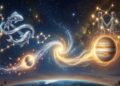 A celestial visualization of the unique 'Parivartana Yoga' between the planets Mercury and Jupiter, featuring the constellations of Pisces and Gemini in a starry night sky above Earth.
