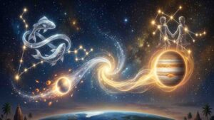 A celestial visualization of the unique 'Parivartana Yoga' between the planets Mercury and Jupiter, featuring the constellations of Pisces and Gemini in a starry night sky above Earth.