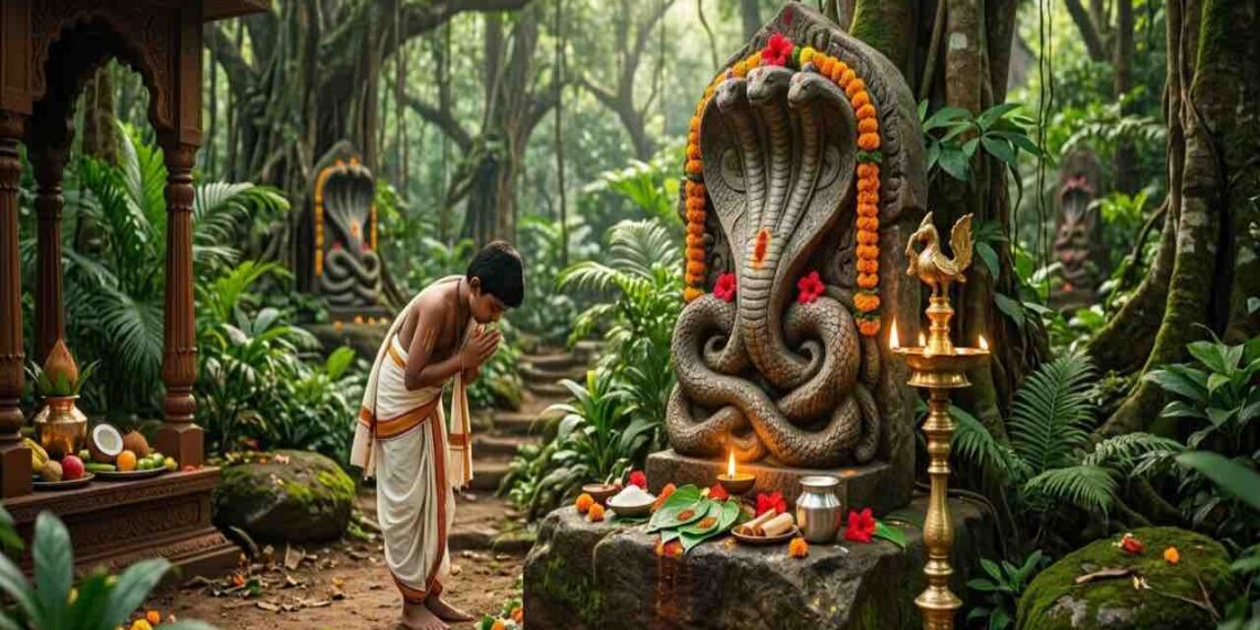 A realistic image of a young boy in traditional clothing worshipping a stone Naga (serpent deity) idol in a lush sacred grove (Naga Bana) in coastal Karnataka.