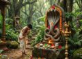 A realistic image of a young boy in traditional clothing worshipping a stone Naga (serpent deity) idol in a lush sacred grove (Naga Bana) in coastal Karnataka.