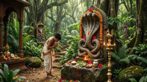 A realistic image of a young boy in traditional clothing worshipping a stone Naga (serpent deity) idol in a lush sacred grove (Naga Bana) in coastal Karnataka.