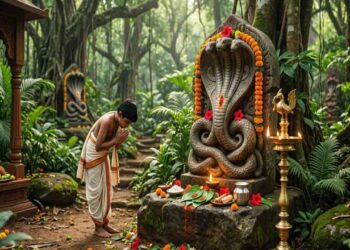 A realistic image of a young boy in traditional clothing worshipping a stone Naga (serpent deity) idol in a lush sacred grove (Naga Bana) in coastal Karnataka.