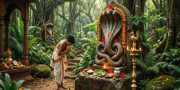 A realistic image of a young boy in traditional clothing worshipping a stone Naga (serpent deity) idol in a lush sacred grove (Naga Bana) in coastal Karnataka.