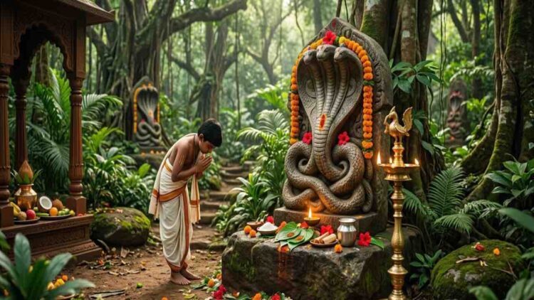 A realistic image of a young boy in traditional clothing worshipping a stone Naga (serpent deity) idol in a lush sacred grove (Naga Bana) in coastal Karnataka.