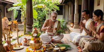 A traditional Hindu ritual scene featuring a priest performing Punyahavachana with Panchagavya, a decorated kalasha, and a holy cow in a traditional South Indian courtyard.