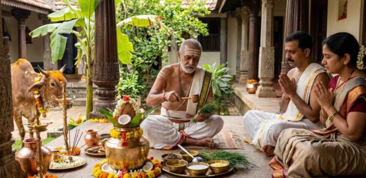 A traditional Hindu ritual scene featuring a priest performing Punyahavachana with Panchagavya, a decorated kalasha, and a holy cow in a traditional South Indian courtyard.
