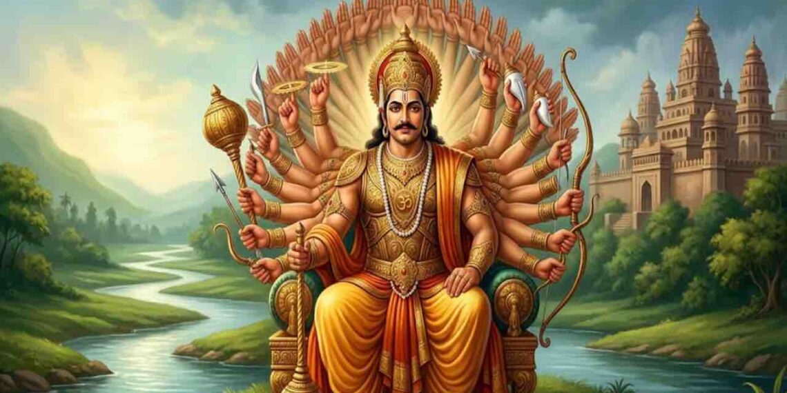 A majestic illustration of Sahasrarjuna (Kartaviryarjuna) with multiple arms holding weapons, seated on a throne with a temple and river background.