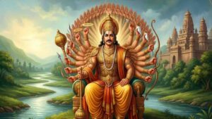 A majestic illustration of Sahasrarjuna (Kartaviryarjuna) with multiple arms holding weapons, seated on a throne with a temple and river background.