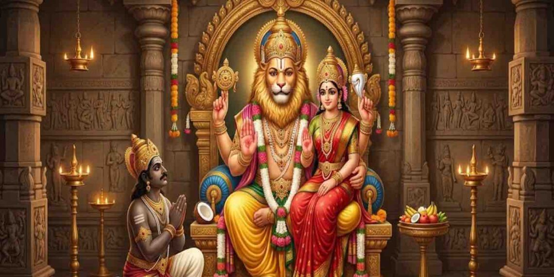 An artistic depiction of Lord Lakshmi Narasimha seated on a golden throne, with Shani Deva kneeling and praying in front of him inside a traditional temple setting.
