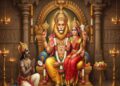 An artistic depiction of Lord Lakshmi Narasimha seated on a golden throne, with Shani Deva kneeling and praying in front of him inside a traditional temple setting.
