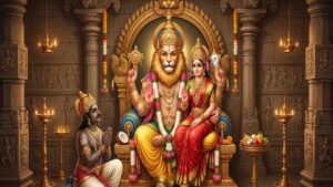 An artistic depiction of Lord Lakshmi Narasimha seated on a golden throne, with Shani Deva kneeling and praying in front of him inside a traditional temple setting.
