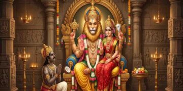 An artistic depiction of Lord Lakshmi Narasimha seated on a golden throne, with Shani Deva kneeling and praying in front of him inside a traditional temple setting.